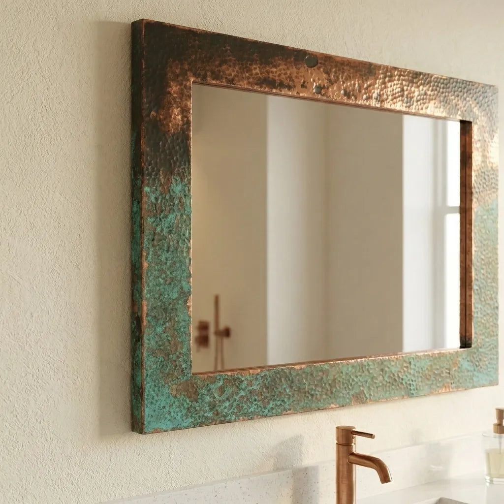 Verdigris Copper Bathroom Mirror – Hammered Rectangular Frame
