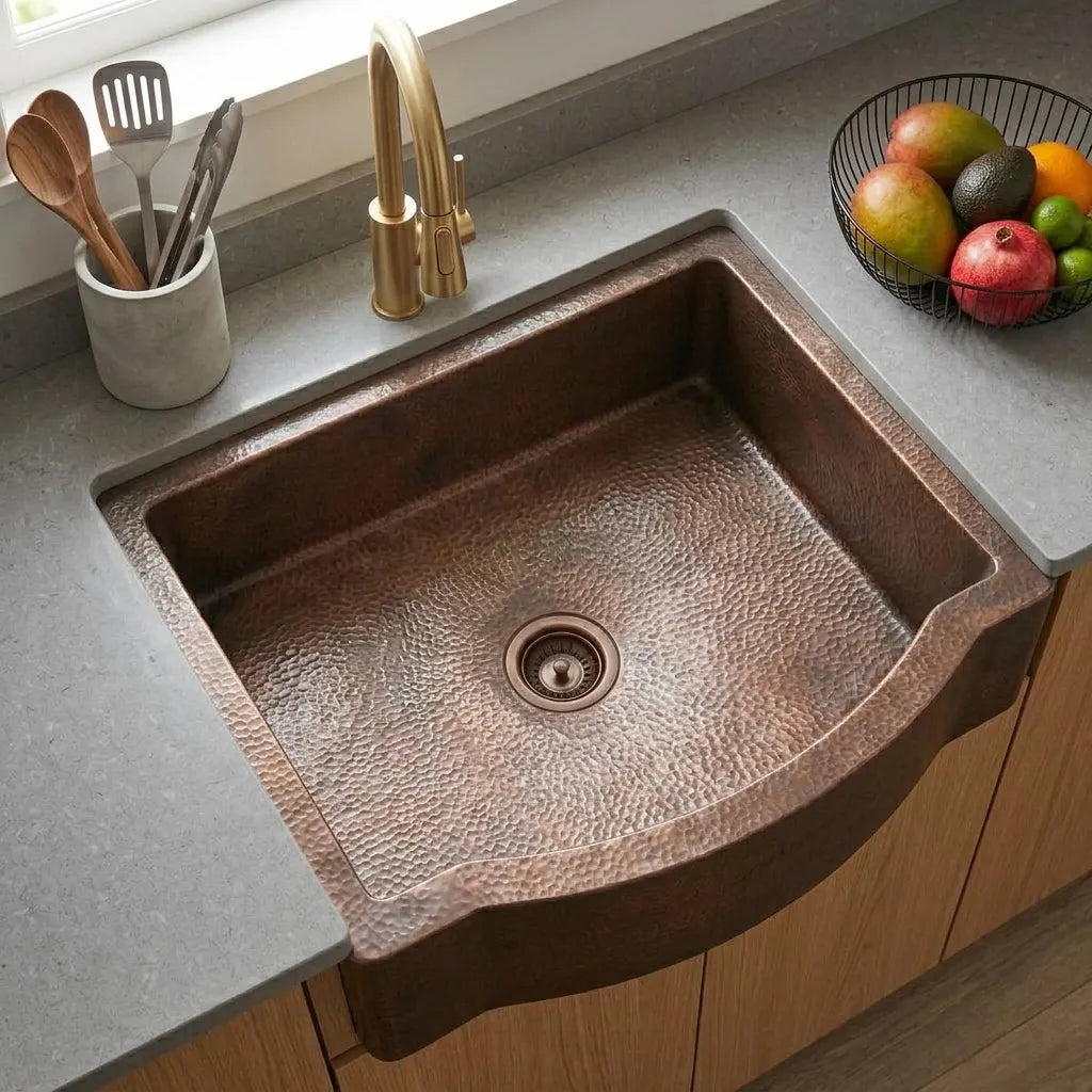 Curved Apron Patina Copper Farmhouse Kitchen Sink