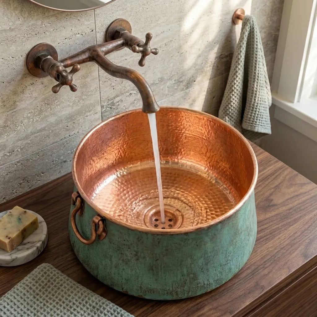 Verdigris Copper Bucket Sink with Hammered Vanity Bowl
