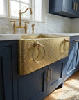 Handmade Hammered Brass Apron Front Farmhouse Kitchen Sink with Ring Handles