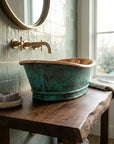 Green Patina Copper Vessel Sink – Rustic Oval Vanity Basin
