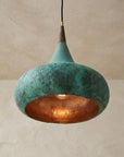 Handmade Verdigris Copper Pendant Light with Wood Accent