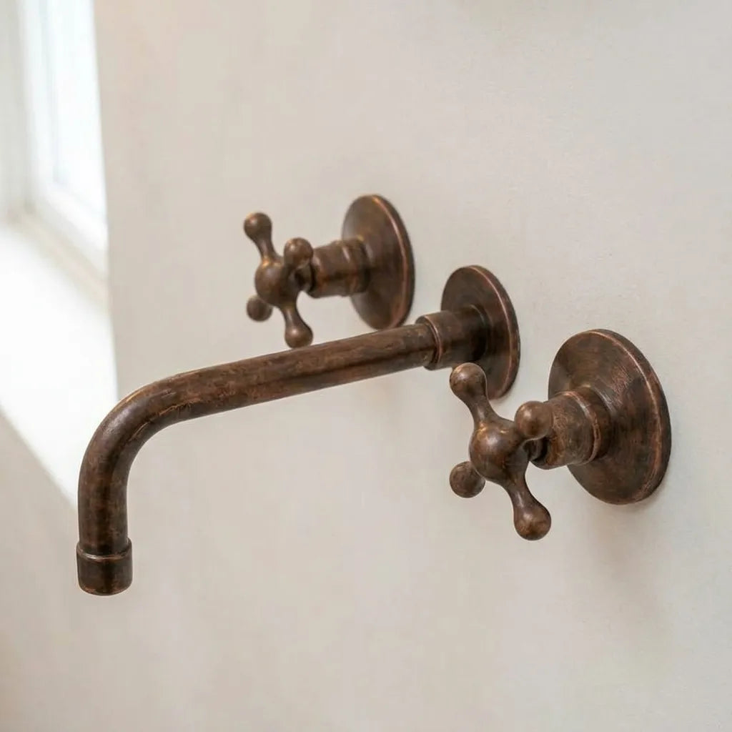 Aged Copper Wall Faucet with Vintage Cross Handles