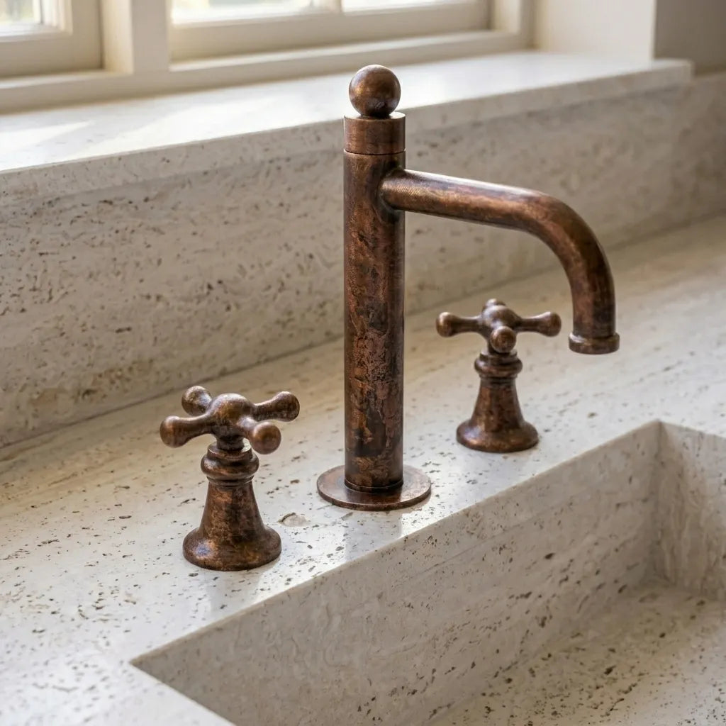Vintage Copper 3-Hole Basin Faucet with Cross Handles