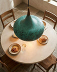 Handmade Verdigris Copper Pendant Light with Wood Accent