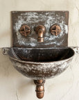 Distressed White Copper Wall Sink with Aged Copper Faucet