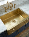 Handmade Hammered Brass Apron Front Farmhouse Kitchen Sink with Ring Handles