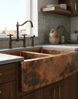 Double Bowl Hammered Copper Farmhouse Sink with Riveted Apron