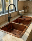 Hammered Copper Double Basin Kitchen Sink with Raised Drying Tray