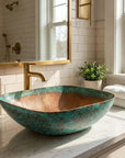 Oxidized Copper Vessel Sink with Rustic Hammered Patina Finish