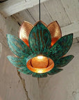 Handmade Hammered Copper Lotus Pendant Light with Verdigris Patina