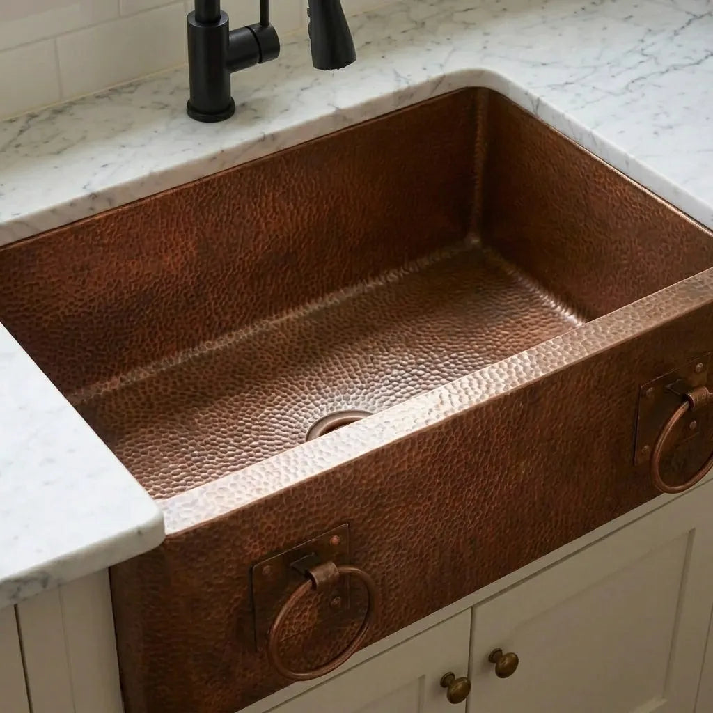 Copper Apron Front Kitchen Sink with Hammered Basin and Ring Detail