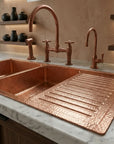 Hammered Copper Double Bowl Kitchen Sink with Built-In Drainboard