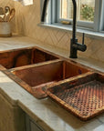 Hammered Copper Double Basin Kitchen Sink with Raised Drying Tray