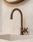 Handmade Aged Copper Single Hole Bathroom Faucet with Cross Handle