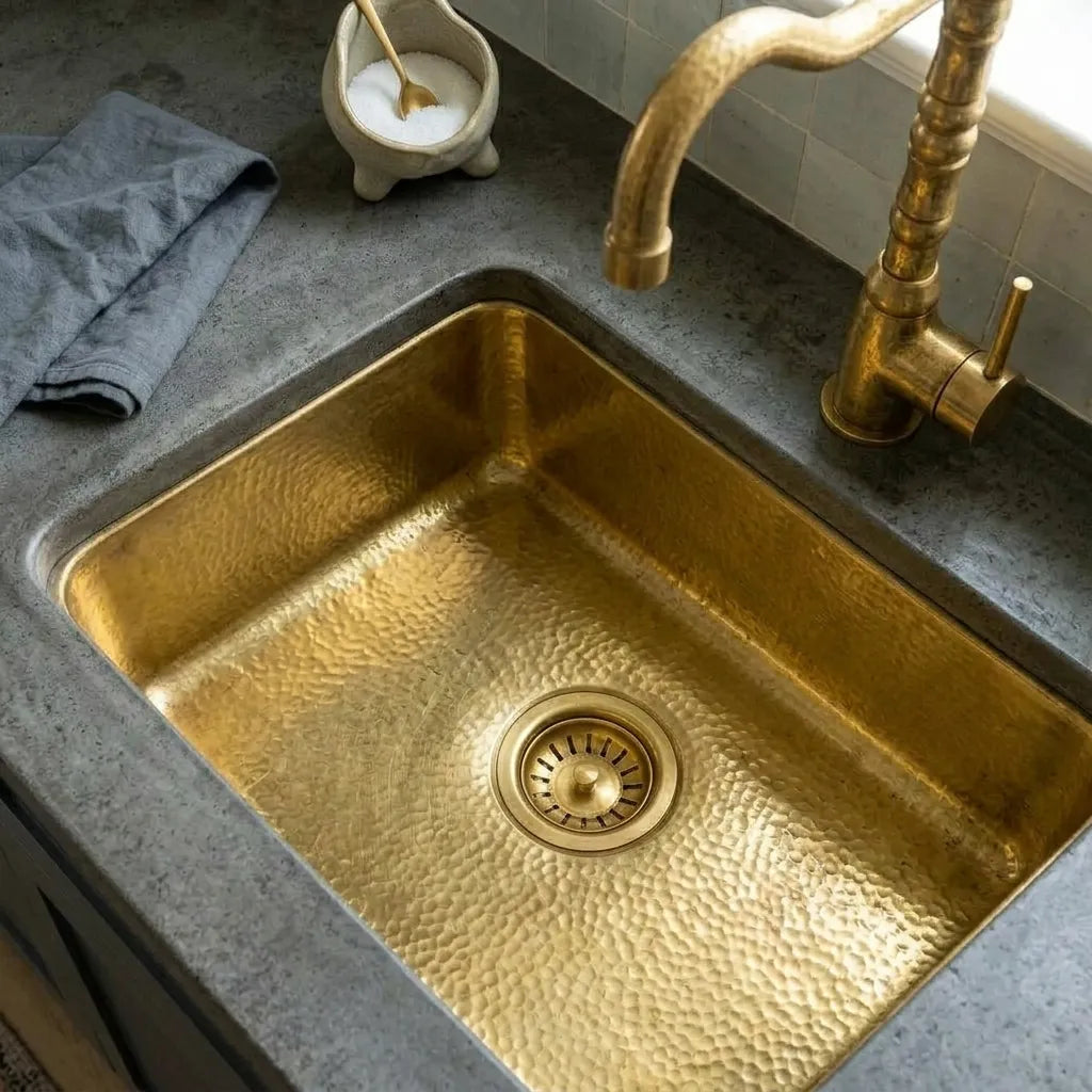 Hammered Brass Undermount Kitchen Sink with Rounded Corners