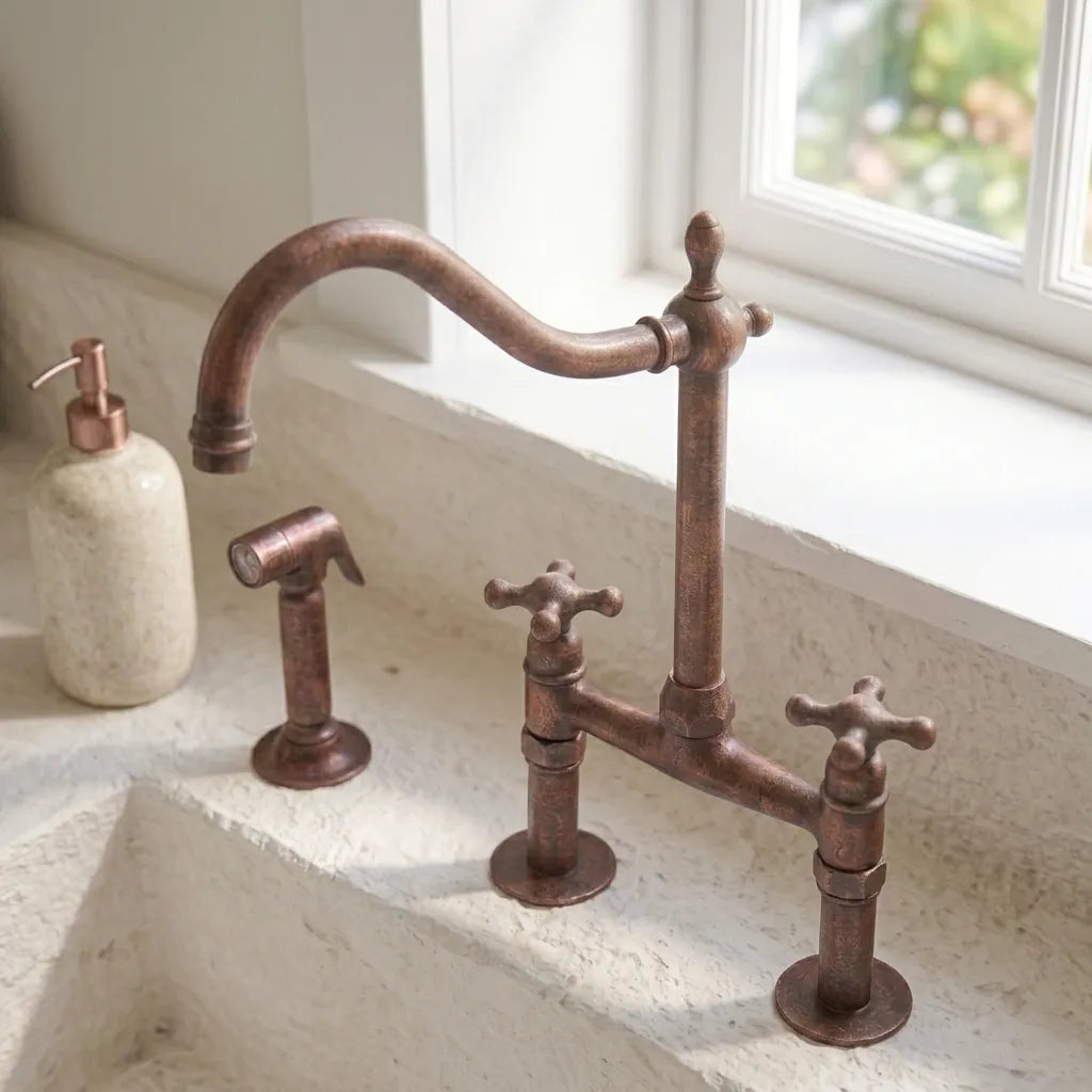 Handcrafted Weathered Copper Kitchen Faucet with Side Sprayer