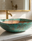 Oxidized Copper Vessel Sink with Rustic Hammered Patina Finish