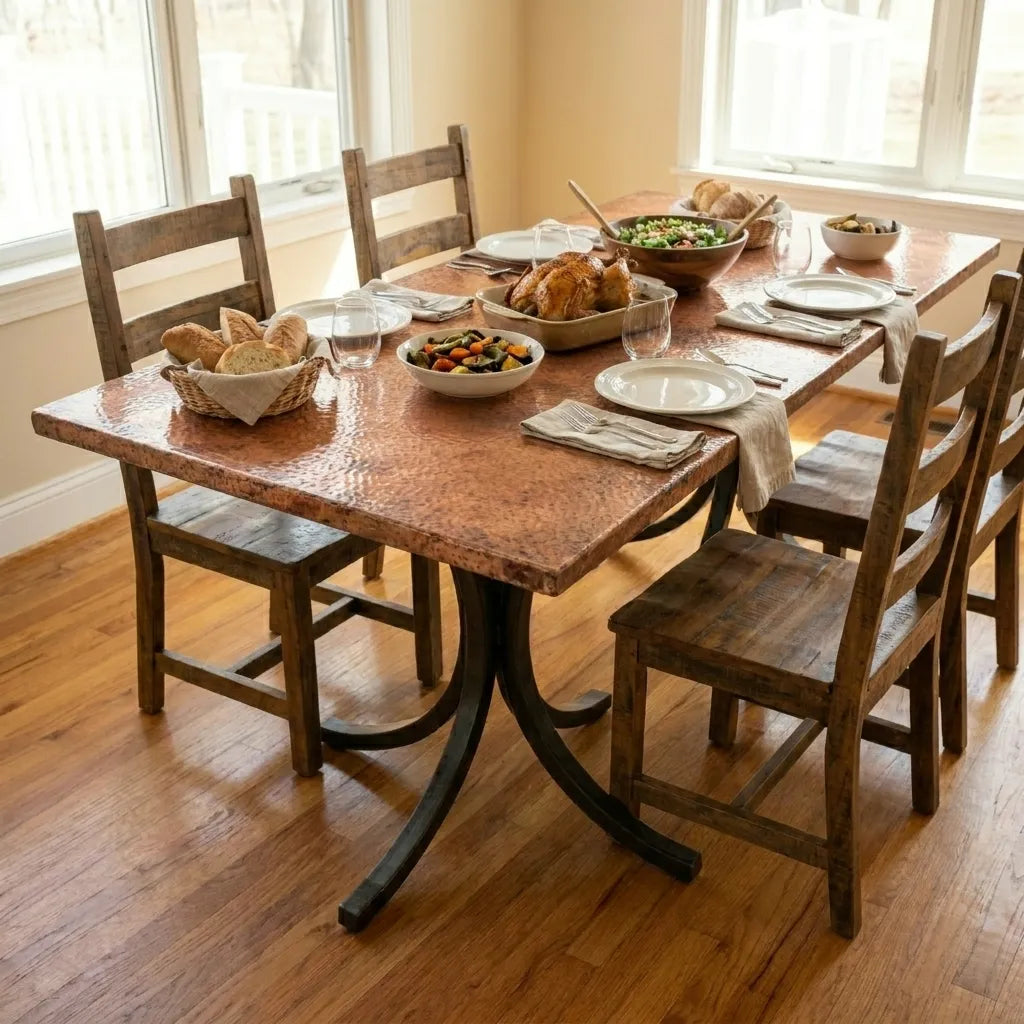 Handcrafted Hammered Copper Dining Table – Rustic Metal Top