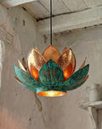 Handmade Hammered Copper Lotus Pendant Light with Verdigris Patina