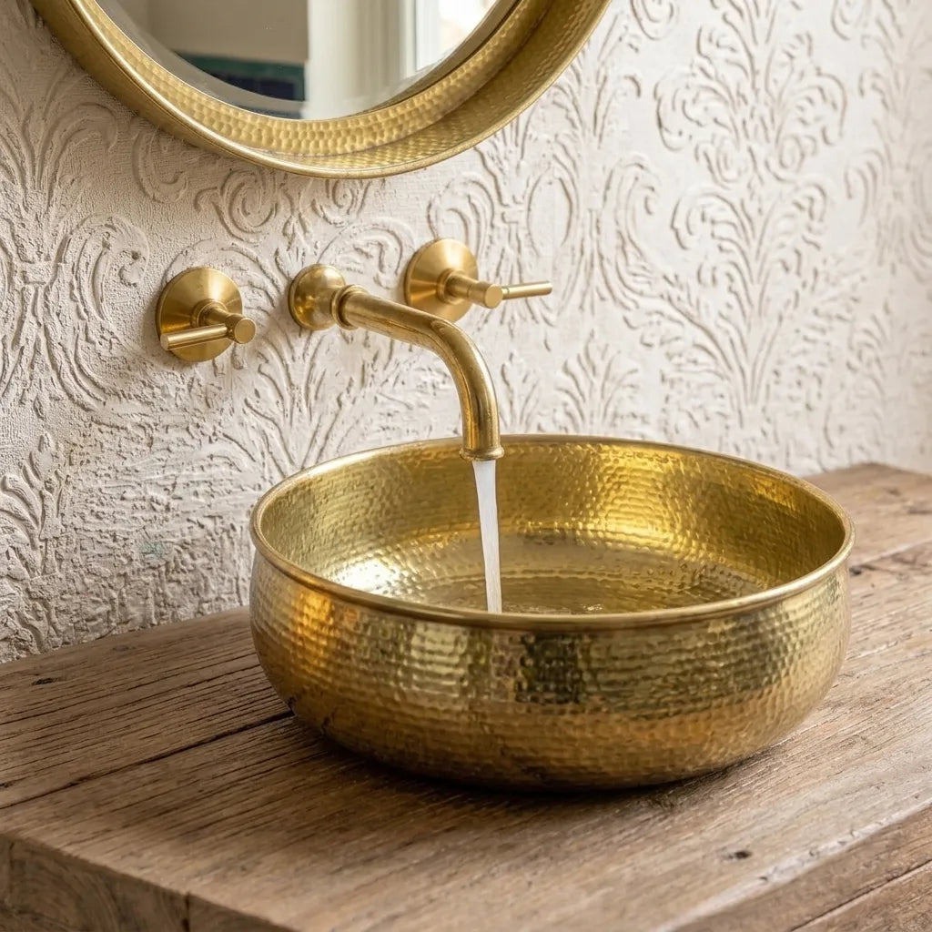 Round hammered brass vessel sink for bathroom vanity by ARTESARO