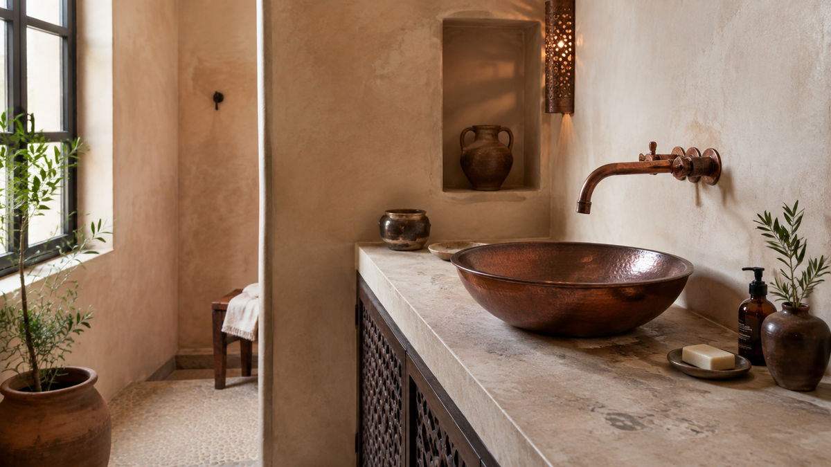 Aged copper wall faucet and hammered copper vessel sink in a warm artisan bathroom