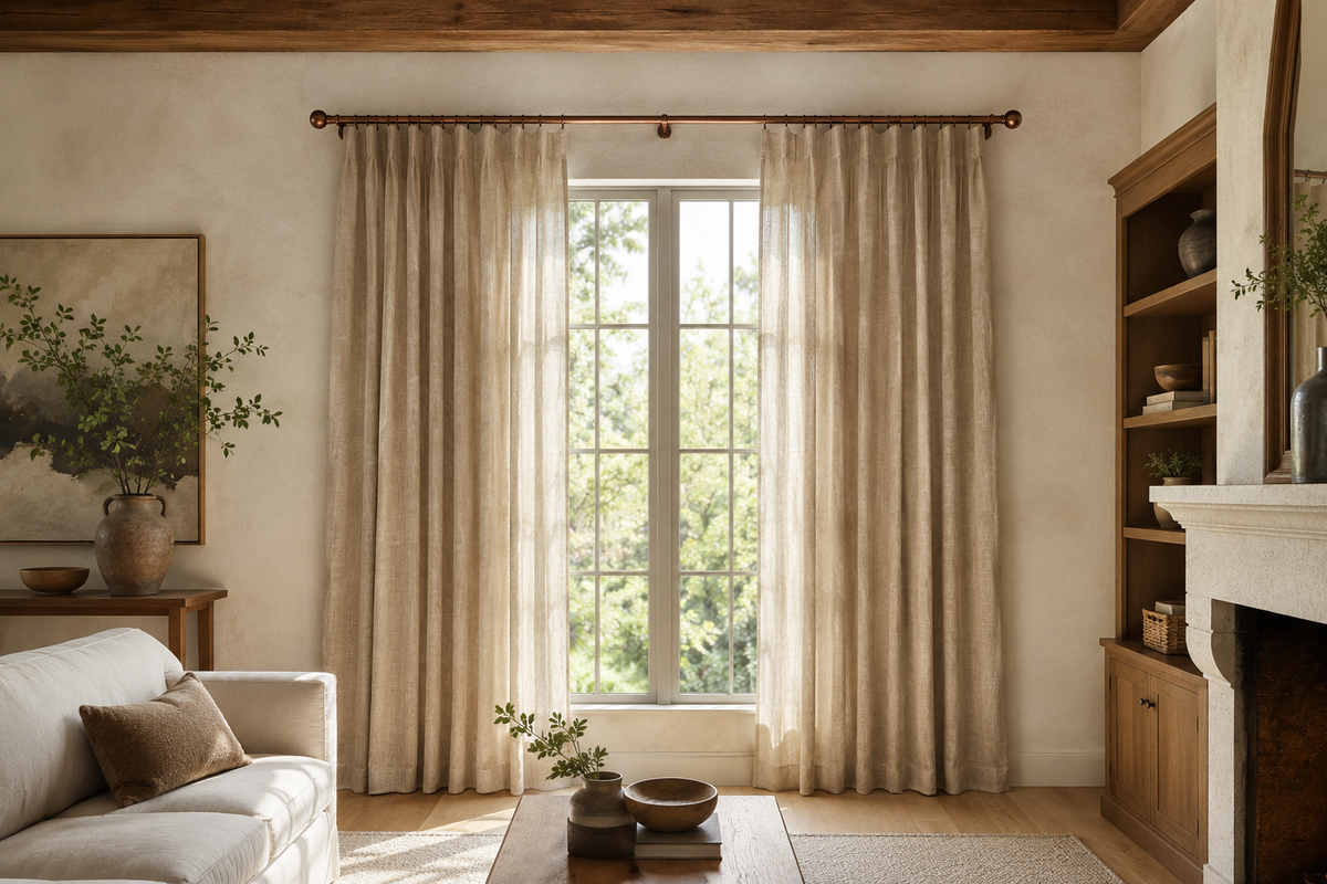 Aged copper curtain rod with full-length natural linen curtains