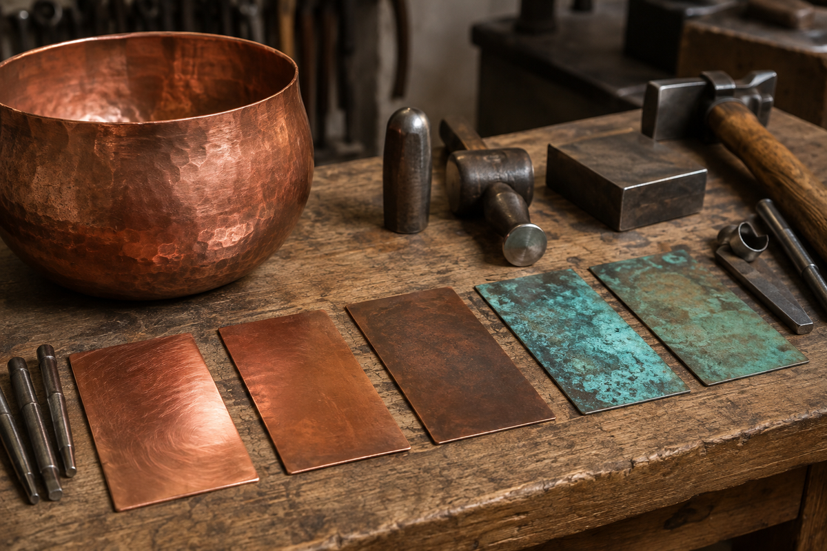 Artisan workshop with hammered copper bowl and copper patina samples
