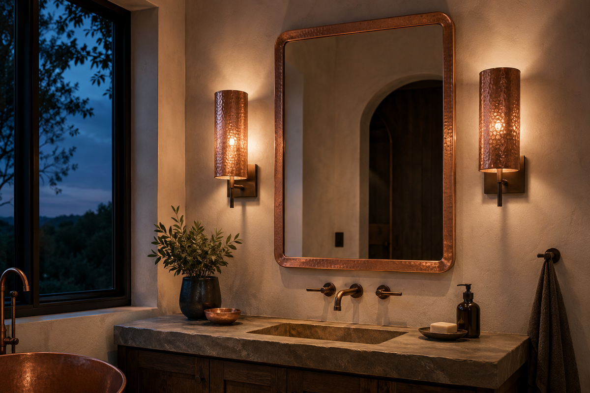 Hammered copper sconces beside a copper-framed bathroom mirror at dusk