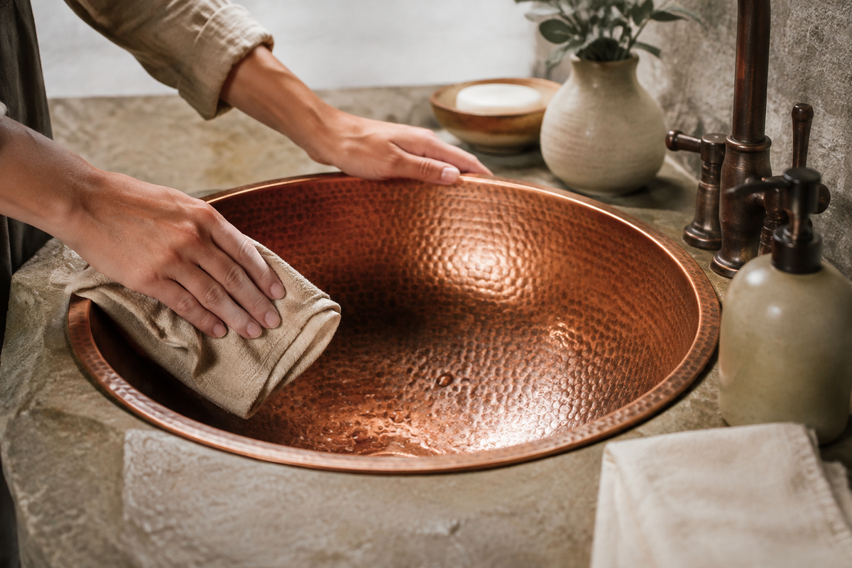 Soft cloth drying a hammered copper bathroom sink during gentle care