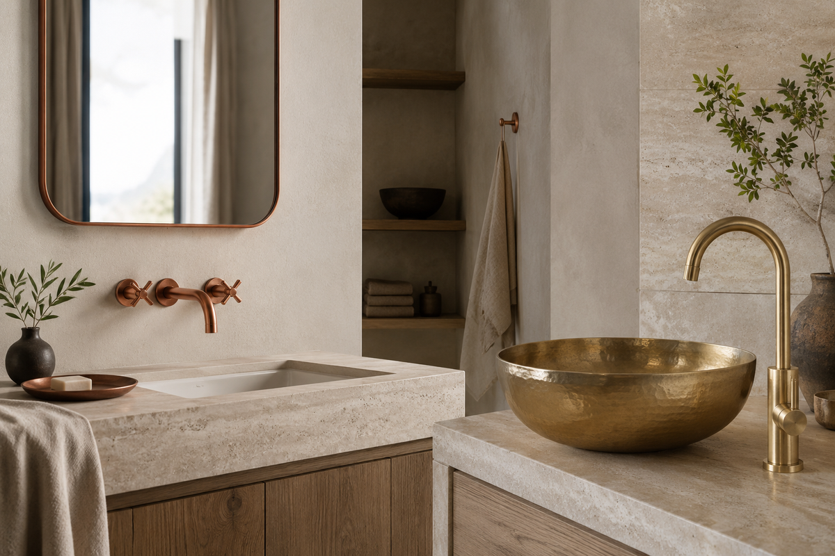 Copper bathroom faucet and mirror beside a hammered brass vessel sink