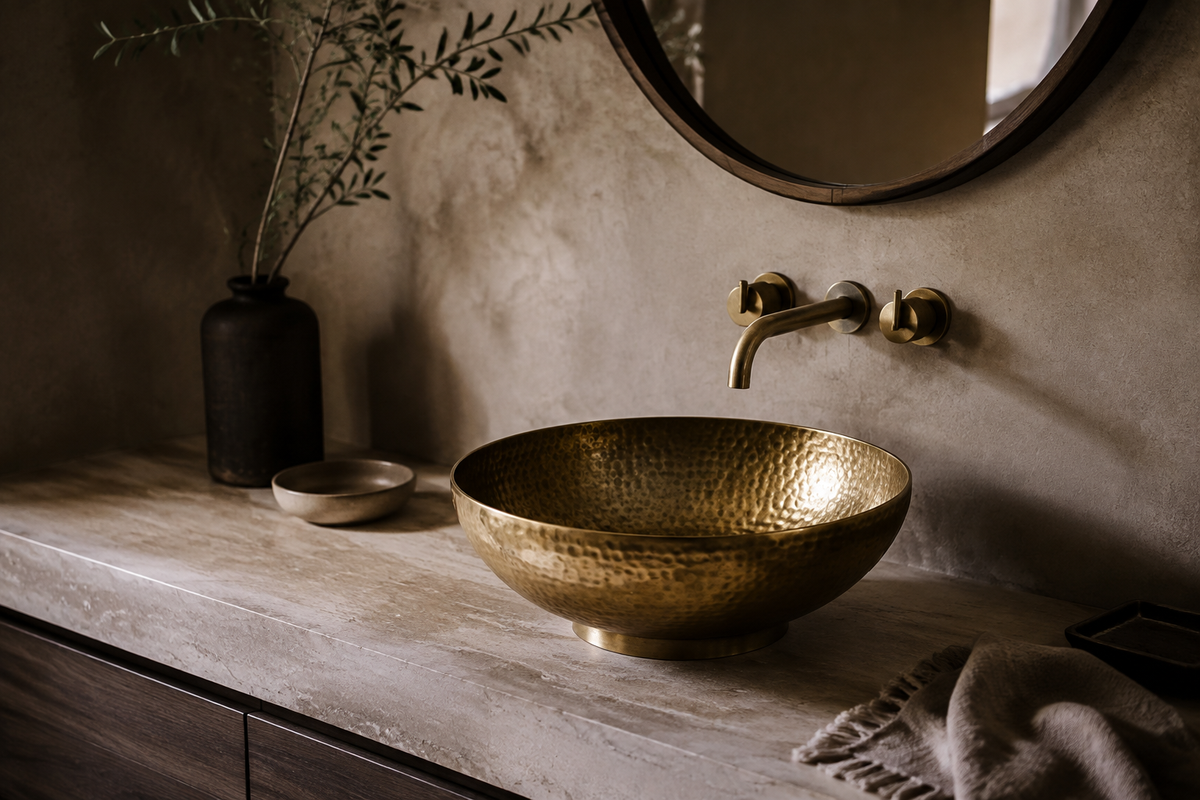 Round hammered brass vessel sink on a natural stone bathroom vanity