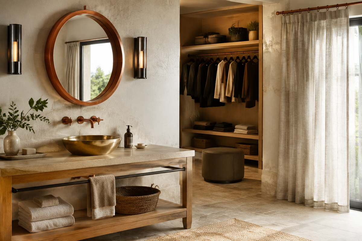 Copper mirror and faucet with brass vessel sink and copper curtain rod