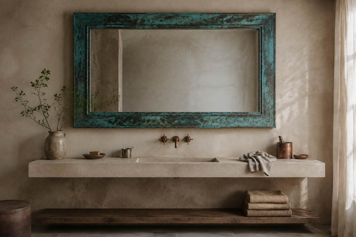 Large verdigris copper bathroom mirror above a minimalist stone vanity