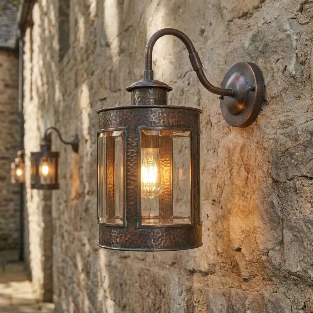 Aged Copper Outdoor Wall Lantern – Hammered Glass Sconce