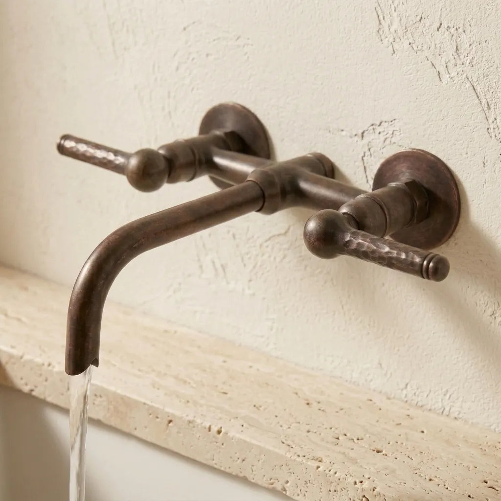 Aged Copper Wall Mounted Bathroom Faucet – Hammered Handles