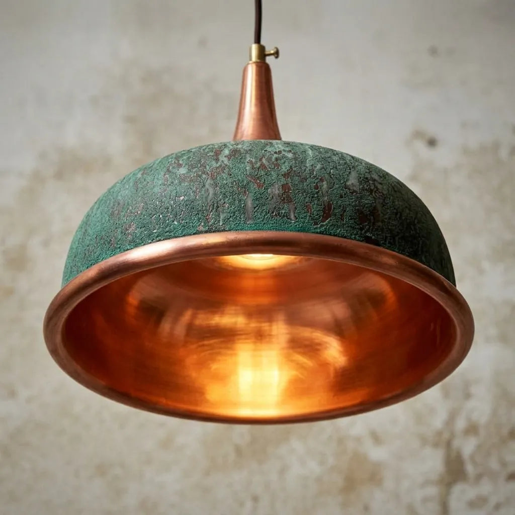 Handmade Green Patina Copper Pendant Light for Rustic Kitchen & Dining