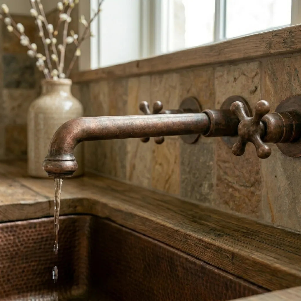 Vintage Copper Wall Tap – Farmhouse Cross Handle Faucet