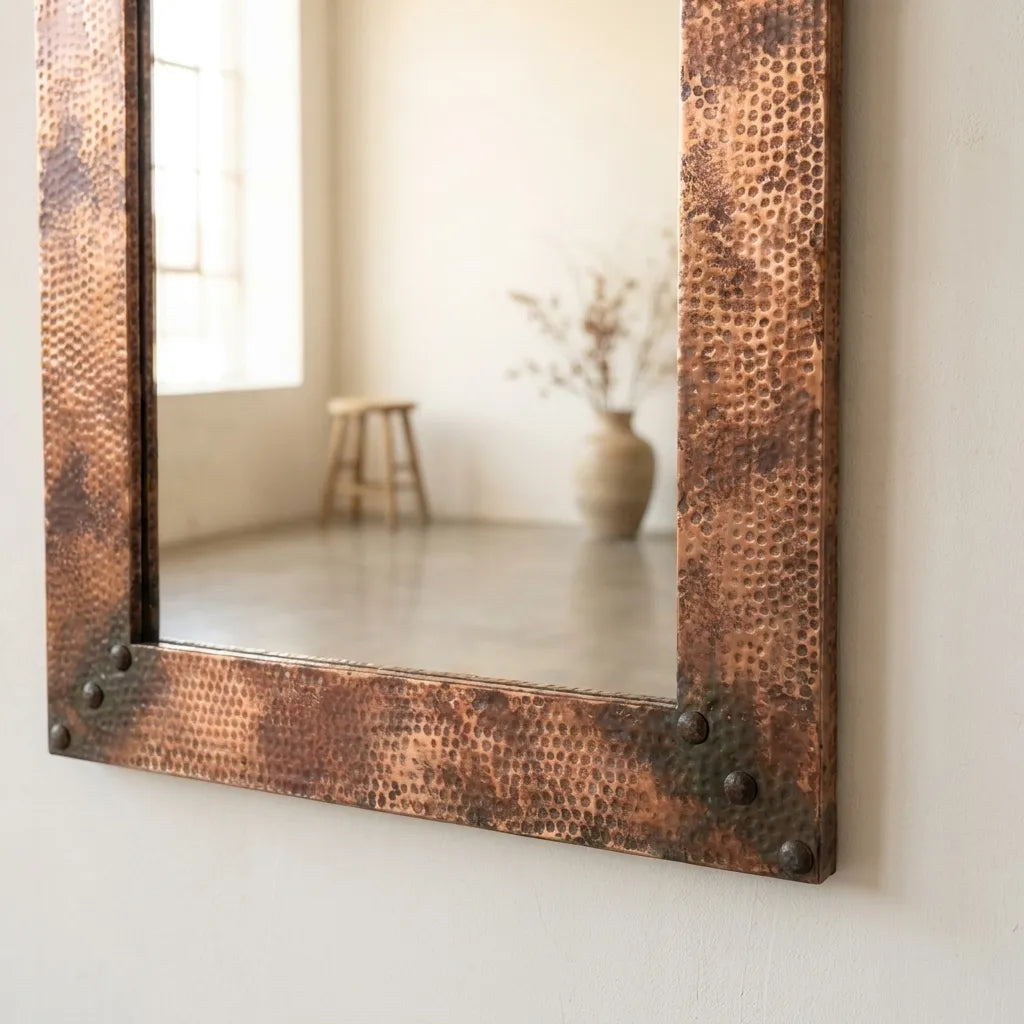 Hammered Copper Wall Mirror – Rustic Farmhouse Vanity Decor