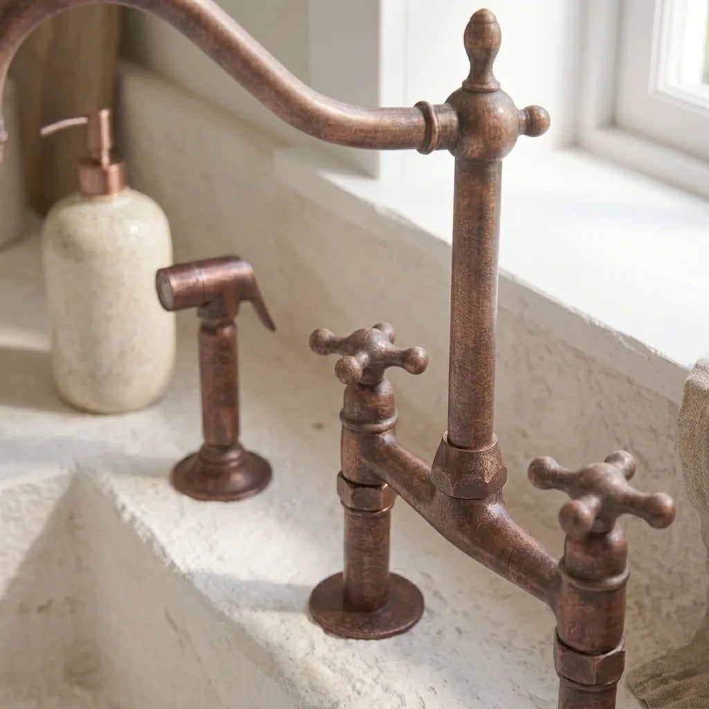 Handcrafted Weathered Copper Kitchen Faucet with Side Sprayer
