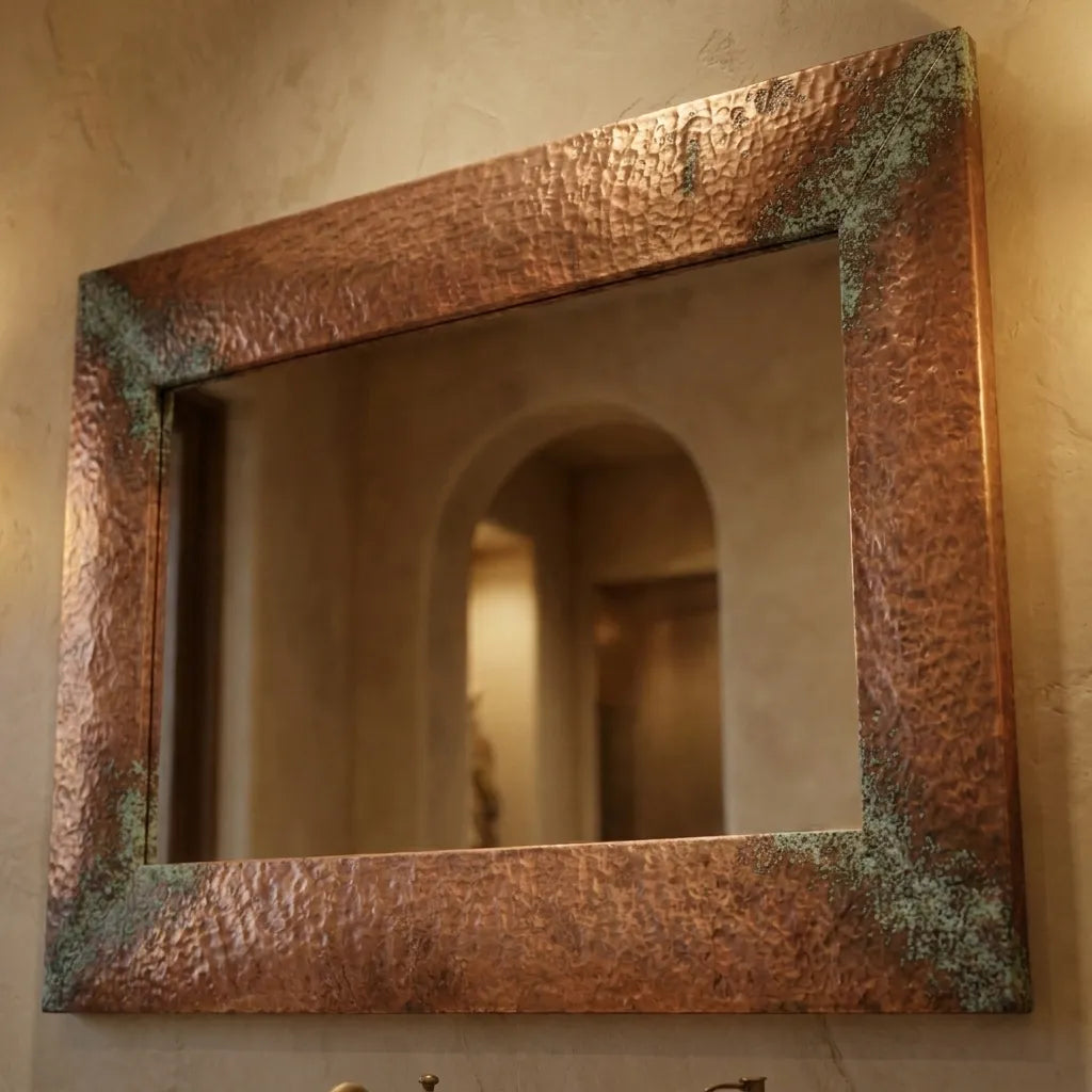 Hammered Copper Wall Mirror – Rustic Patina Vanity Frame