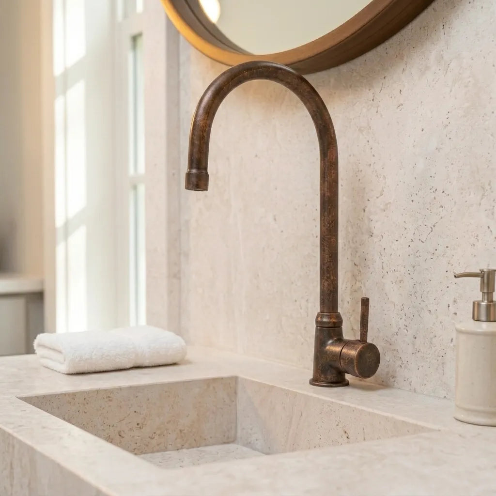 Rustic Solid Copper Vanity Faucet with Curved Spout