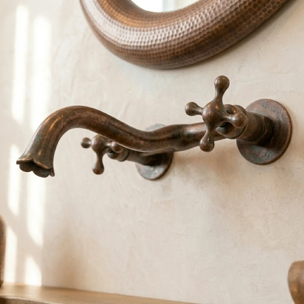 Aged Copper Wall Faucet – Vintage Cross Handle Sink Tap