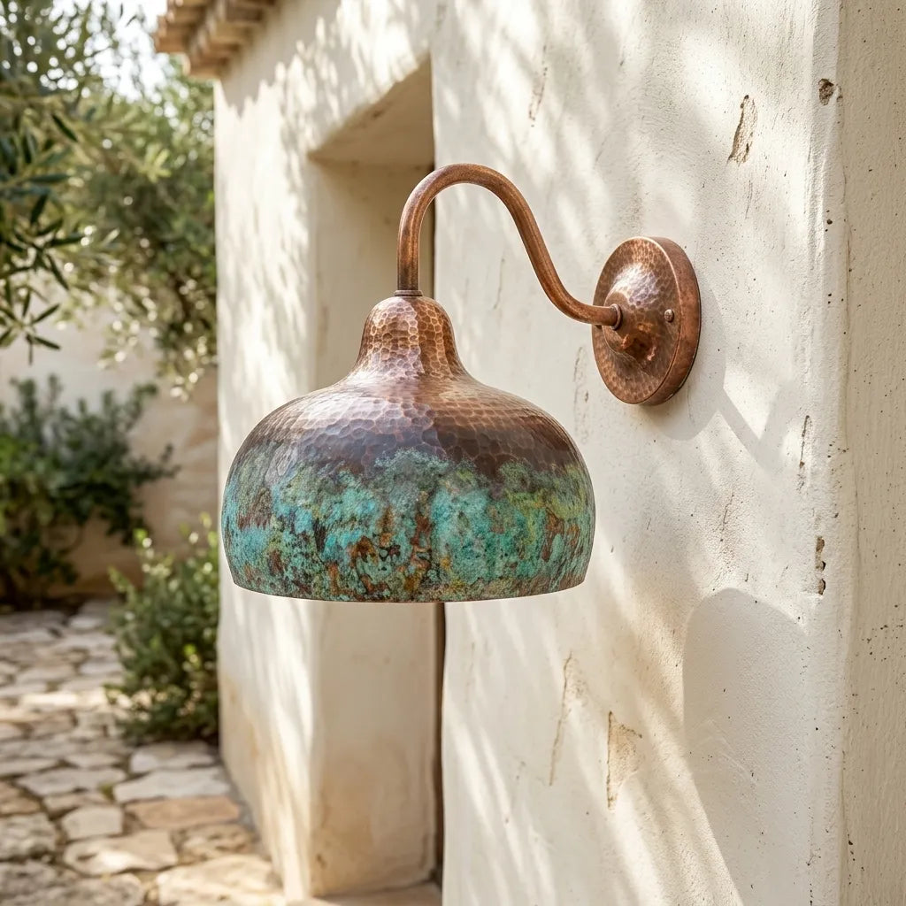 Verdigris Copper Gooseneck Wall Light – Hammered Dome Sconce