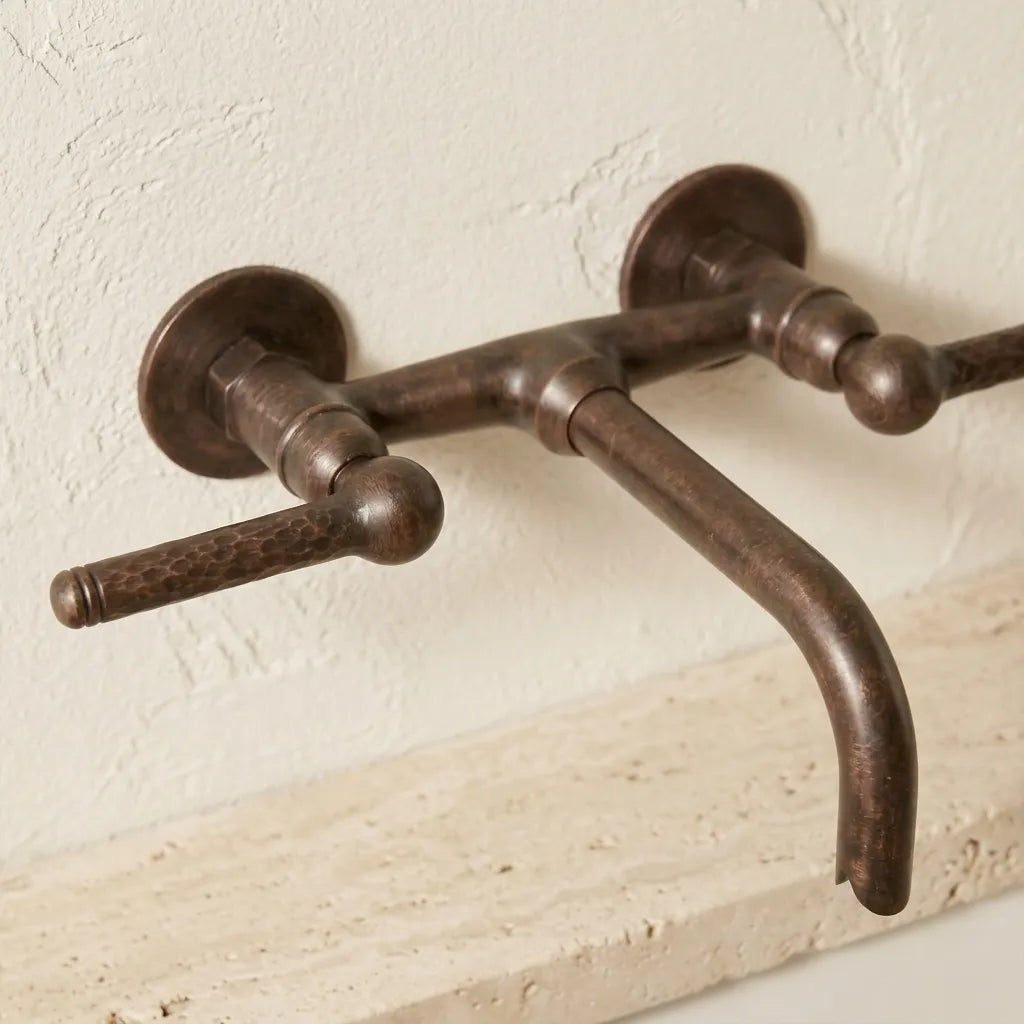 Aged Copper Wall Mounted Bathroom Faucet – Hammered Handles