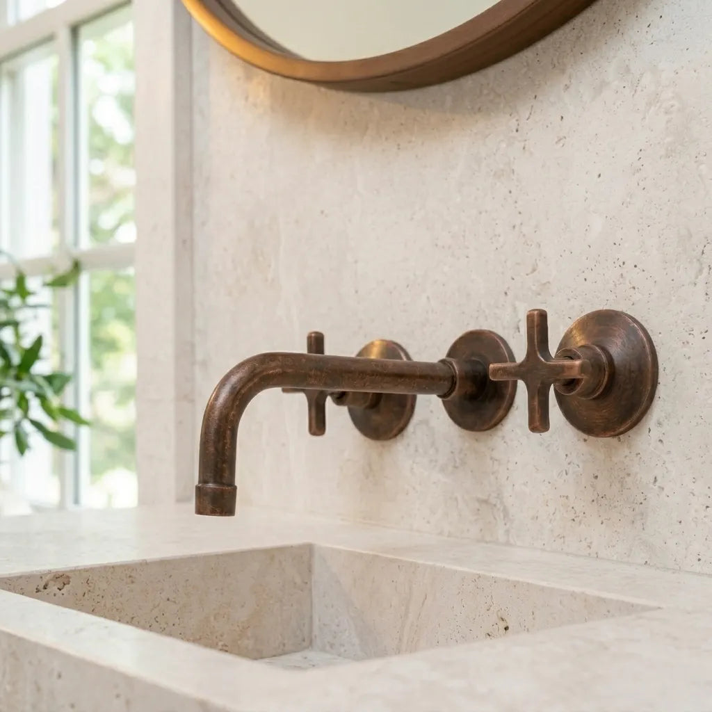 Wall Mount Aged Copper Bathroom Faucet with Cross Handles