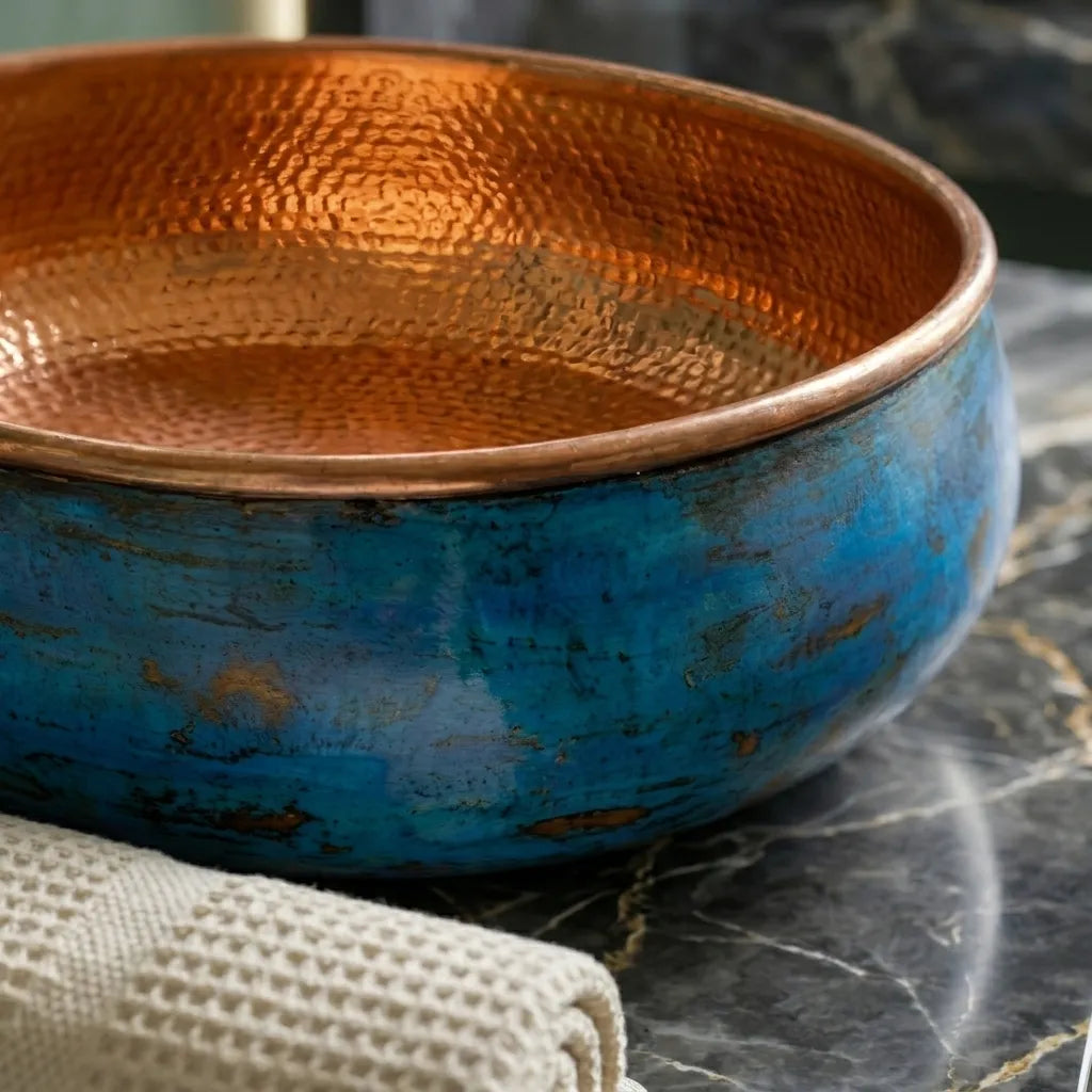 Handmade Blue Patina Copper Vessel Sink with Hammered Interior