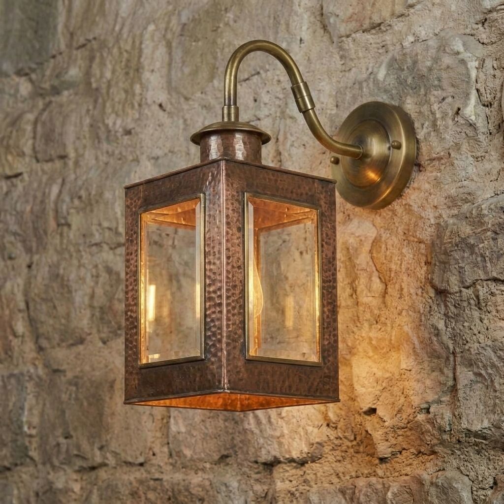 Handcrafted Copper Lantern Wall Sconce with Brass Gooseneck Arm