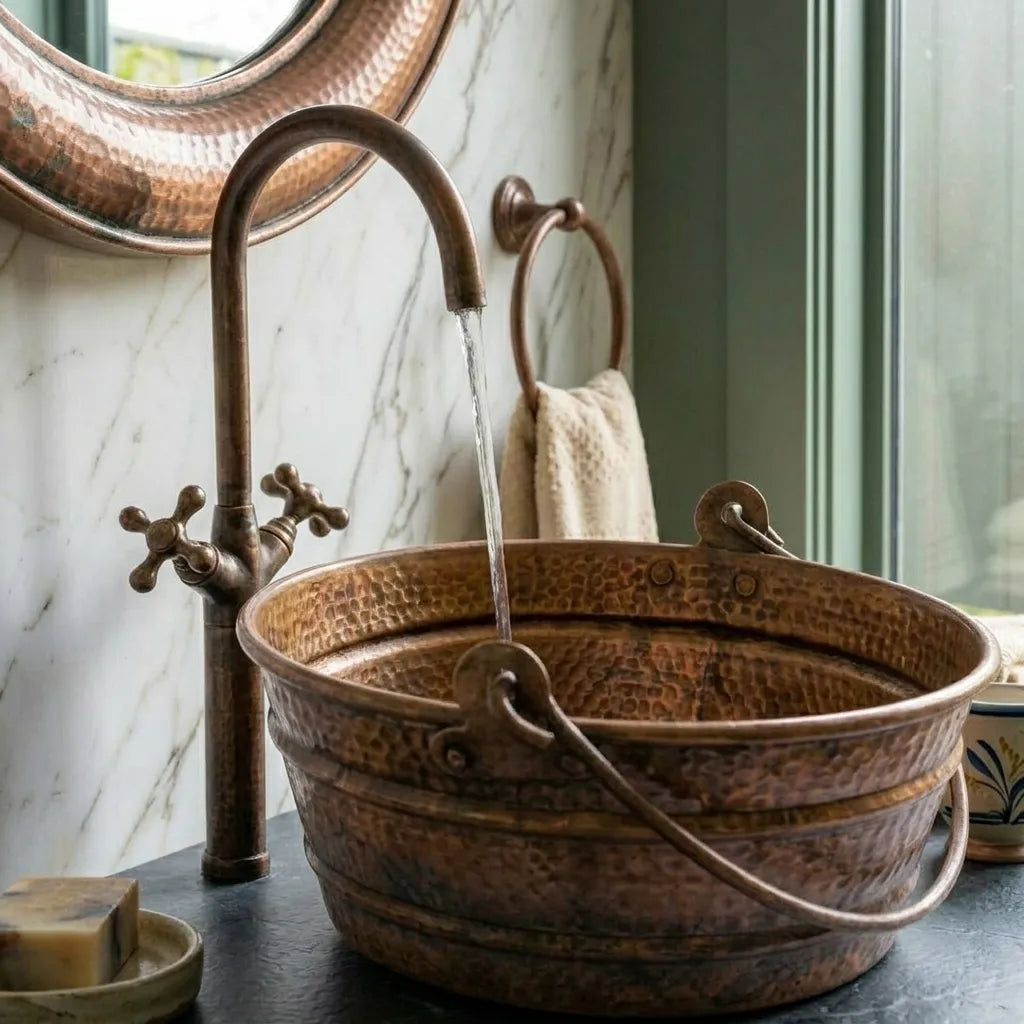 Handmade Hammered Copper Bucket Vessel Sink with Handles