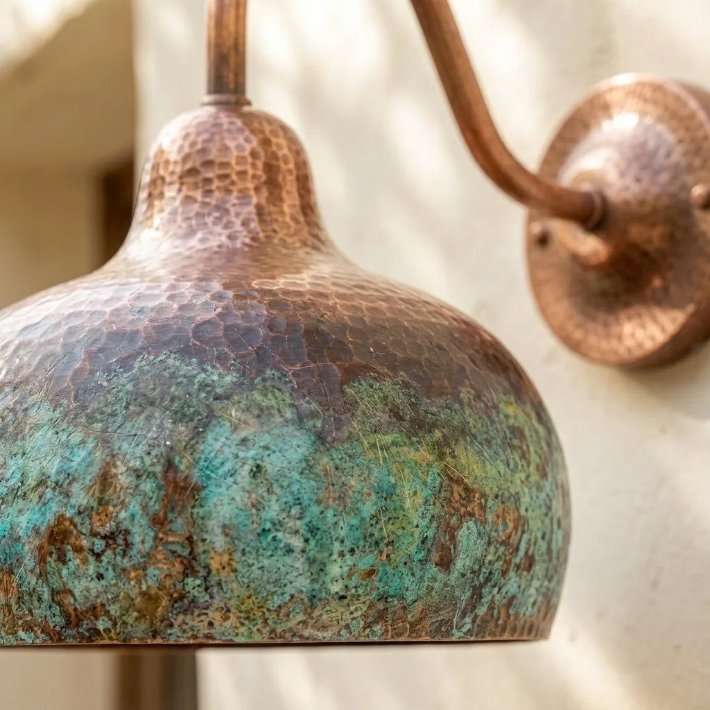 Verdigris Copper Gooseneck Wall Light – Hammered Dome Sconce